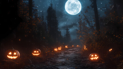 Jack-o'-lanterns on forest path beneath full moon. Stellar Path. Illustration
