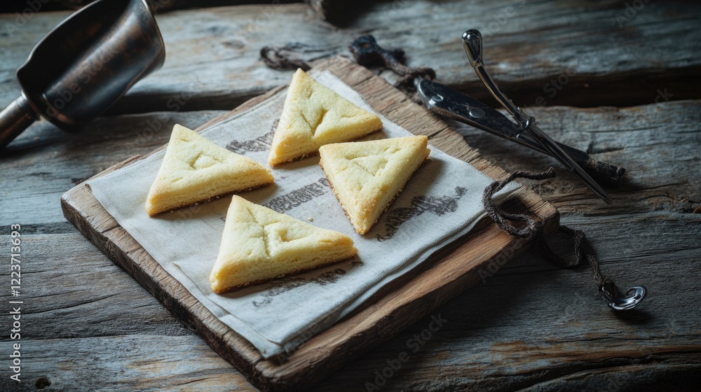 Poster a plate of cookies with a triangle shape on it. the cookies are on a wooden board with a white cloth