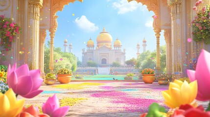 Indian Frame with Holi Colors, gold Patterns, Pots and Lotus Flowers in Hindu Temple with Domes. Copy space. Generative AI