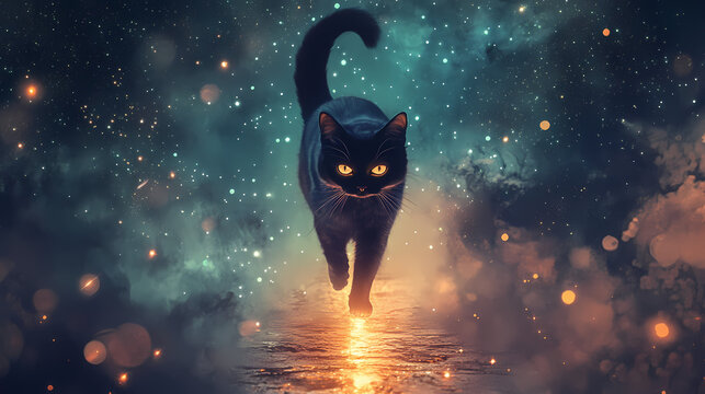 Mystical cat with glowing eyes walking on cosmic star path. Stellar Path. Illustration
