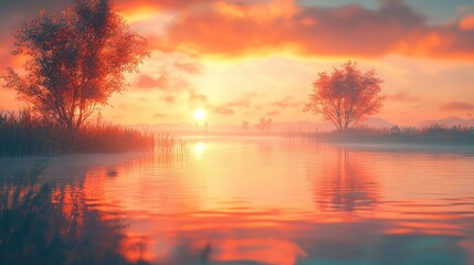 Obraz premium Sunset lake, misty autumn landscape, tranquil scene, nature background