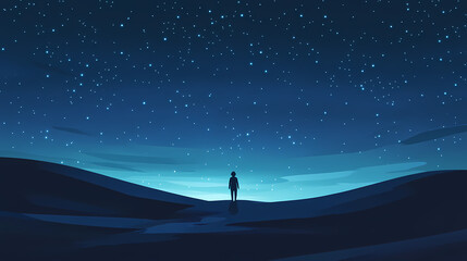 Silhouette of a seeker beneath a starlit expanse for mindfulness and conscious awakening. Stellar Path. Illustration