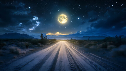 Night road across starlit desert under a full moon. Stellar Path. Illustration
