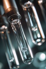 Naklejka premium A close up of a series of glass tubes with a clear liquid inside. The tubes are all different sizes and are arranged in a way that creates a sense of depth and perspective. Scene is one of curiosity