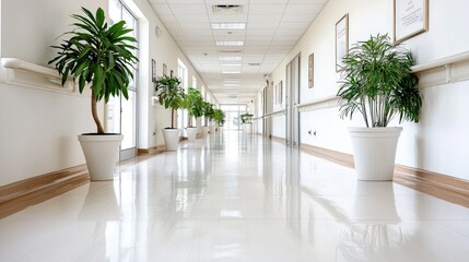 Clean hospital corridor with plants, bright lighting, and shiny floors; ideal for healthcare or medical websites
