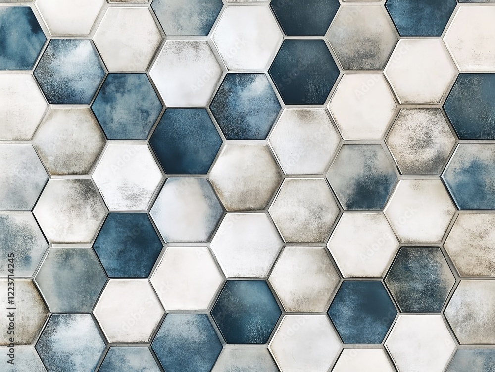 Poster a harmonious geometric design composed of blue and white hexagonal tiles, their textured surfaces cr