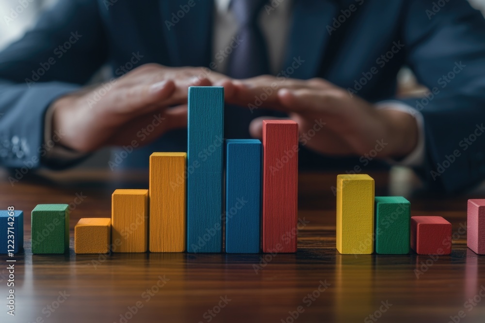 Poster a man is protecting a stack of wooden blocks with his hands. the blocks are arranged in a line, with