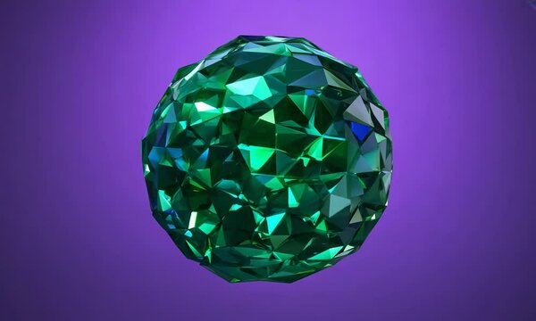 Green crystal ball rotating on purple background