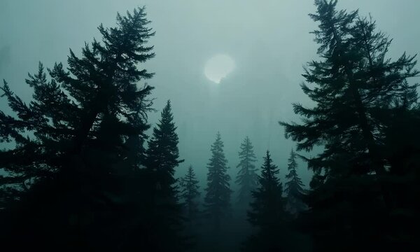 Fog flows through a dark mysterious forest creating an eerie atmosphere
