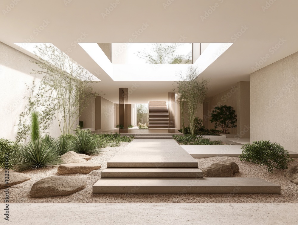Poster a large open space with a staircase leading up to a balcony. the space is filled with greenery and r
