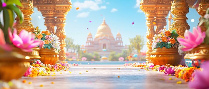 Indian Frame with Holi Colors, gold Patterns, Pots and Lotus Flowers in Hindu Temple with Domes. Copy space. Generative AI