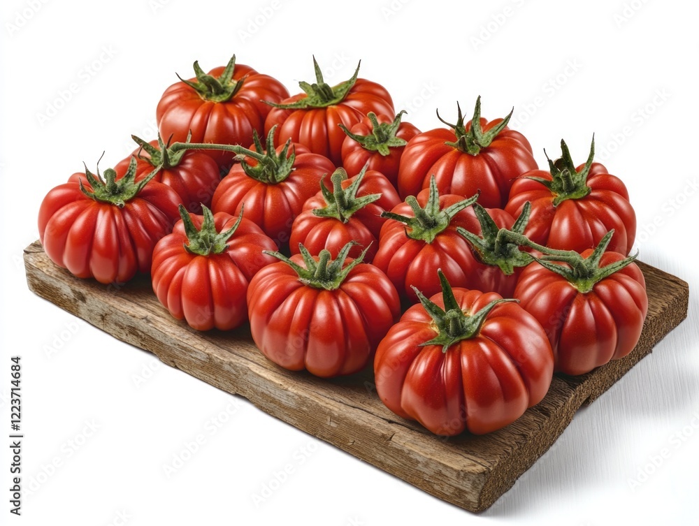 Aufkleber a wooden board with a bunch of red tomatoes on it. the tomatoes are all different sizes and shapes, 