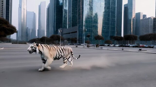A majestic white tiger strides through an empty modern cityscape, leaving a trail of dust, symbolizing the return of nature to abandoned urban spaces and the concept of post-apocalyptic landscapes.