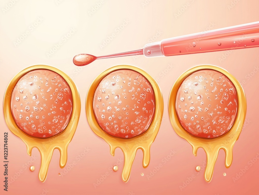 Poster three small round objects with a yellow substance dripping from them. the substance is yellow and lo