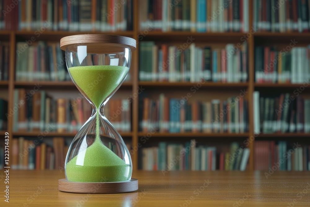 Poster a green sand timer sits on a wooden table in front of a library. the library is filled with books, a