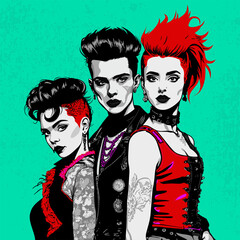Fototapeta premium Punk teenagers. Vector poster in pop art style. Bright glamour young people in punk outfit. Rococo inspired
