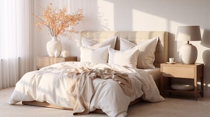 Naklejka premium Minimalist beige bedroom in Scandinavian style with wooden furniture, soft sunlight, white linens, and dried pampas grass in ceramic vase. Warm neutral tones, concept of tranquility and comfort.