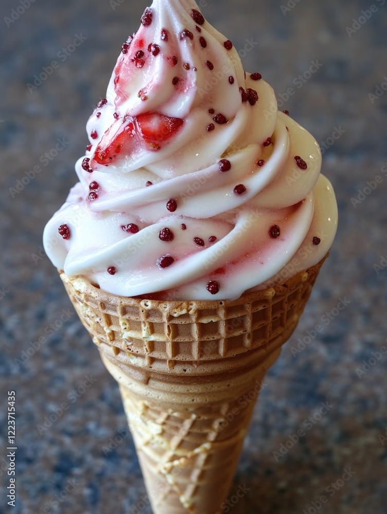 Poster a cone of ice cream with red sprinkles on top. the cone is made of waffle ice cream and has a red sw