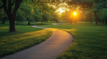Obraz premium Sunset park path, winding trail, golden hour, green grass, nature scene, tranquil, serene, peaceful, relaxing, idyllic