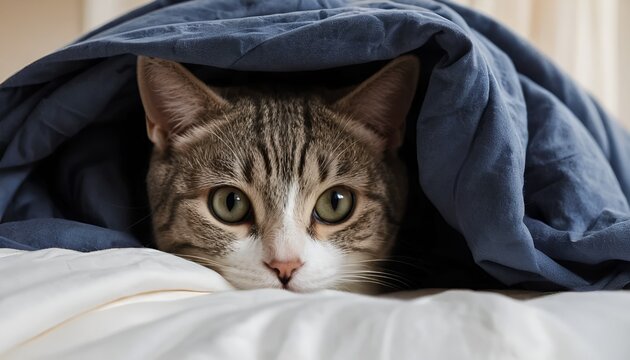 Chat mignon enroul&eacute; couch&eacute; dessous sous couverture plaid.
