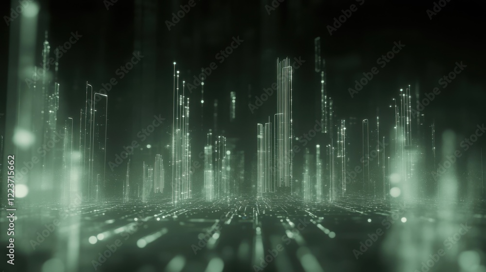 Poster a skyline etched in light where ethereal lines and dots represent links between businesses and consu