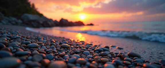 Obraz premium Scenic sunset over tranquil beach with pebbles reflecting warm hues of orange and pink in the sky