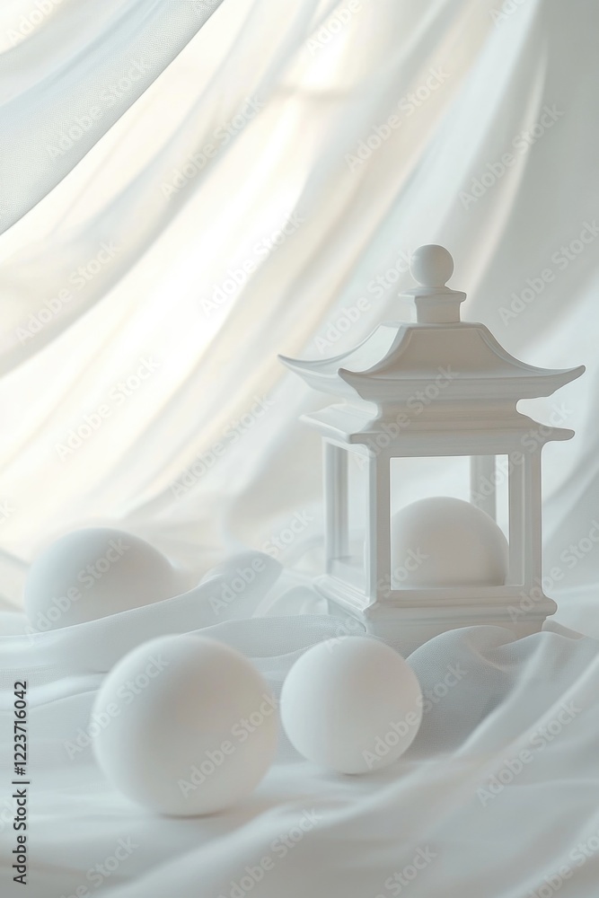 Poster a white lantern sits on a table with a few white balls. the lantern is the main focus of the image, 