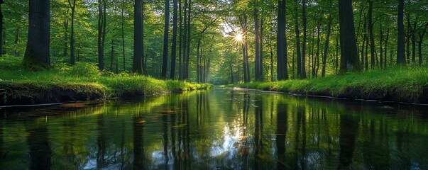 Obraz premium In the heart of the park, a captivating summer scene unfolds with a shimmering pond and a canopy of green trees casting dappled shadows