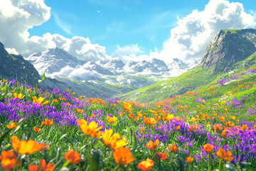 Obraz premium A stunning wildflower meadow in the mountains, bursting with bright colors under a dramatic sky.