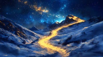 Fototapeta premium A mystical path illuminated by golden light leads up a snow-covered mountainside under a night sky with twinkling stars. Stellar Path. Illustration