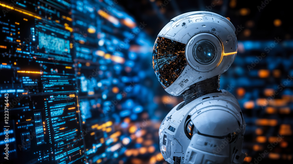 Aufkleber futuristic ai agent with digital interface in high-tech environment