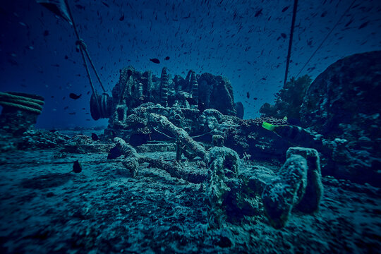 Mysterious underwater view on deck the ship wreck of SS Thistlegorm - British cargo steamship sunk by German bomber in the Red Sea, near Sharm El Sheikh, Egypt. Underwater photography and travel