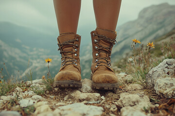 A close-up of a couple&rsquo;s hiking boots on a rocky trail, with scattered leaves and small wildflowers adding texture to the scene