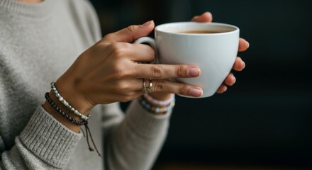 Focused shot on a hand holding a white cup, with a bracelet sparkling subtly, perfect for wellness and lifestyle imagery.
