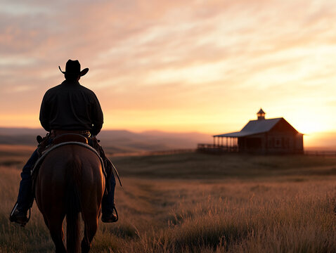 Cowboy riding into sunset near rustic barn