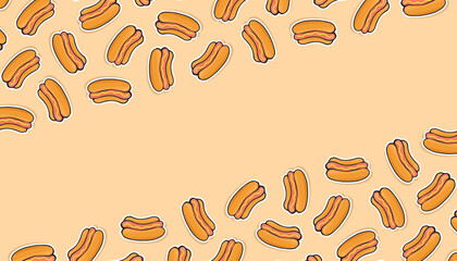 sausage. frame. Hot dog. an empty frame of hot dogs. fast food. delicious fast food. street food with sausage. vector. Beautiful food-themed pattern. meal. packaging for food products. bun.