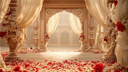 Indian Palace Courtyard with Wedding Decorations, Roses, Jasmine, Pillars, flowing Canopies and Lanterns. Copy space. Generative AI