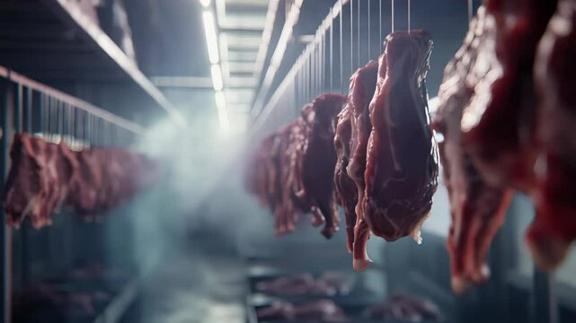 Rows of fresh meat cuts hang from metal racks in a cold storage facility, with mist in the background, representing the meat processing industry and modern food production technologies.