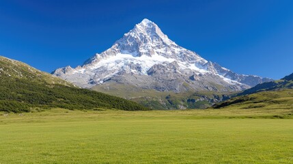 Majestic snow-capped mountain peak overlooking green valley under clear blue sky