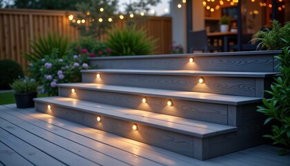 Outdoor composite decking steps illuminated by subtle lights. Two-tiered design. Perfect landscape addition to garden area. Evening scene with plants, bushes. Garden landscaping project in backyard.