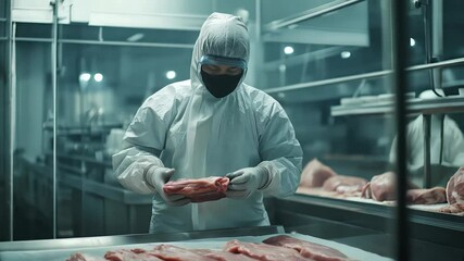 In a bustling meat processing facility, a worker clad in protective gear inspects fresh cuts of meat, ensuring high quality and safety standards. The environment is efficient and clean - Powered by Adobe