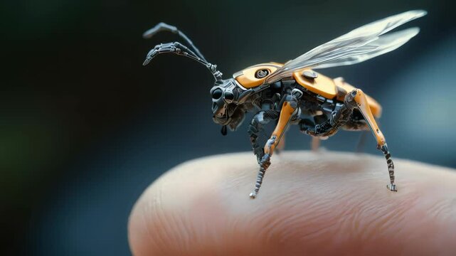  futuristic robotic insect, resembling a nano-drone, balances on a human finger, featuring a sleek, cybernetic design that illustrates advancements in nanotechnology, robotics, and biomimicry.