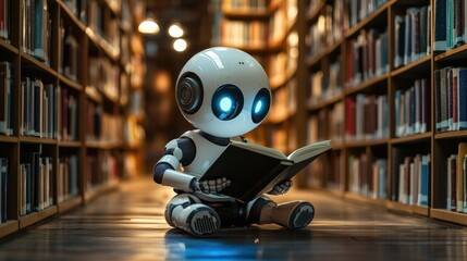 Fototapeta premium Robot reading book in library aisle; future learning concept
