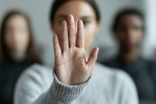 Professional woman holding her palm outward in a Stop gesture emphasizing inclusivity and boundary-setting in the workplace.