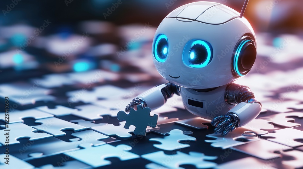 Poster robot solving puzzle, futuristic tech, problem-solving, innovation, website banner