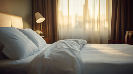 A hotel room features a well-made bed with crisp linens and soft lighting, evoking feelings of comfort, cleanliness, and welcoming hospitality in a serene setting.
