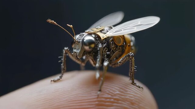 highly detailed cybernetic nano-robot bee with metallic and mechanical components rests on a human finger, representing advanced nanotechnology and the future of biomimetic robotics in science.