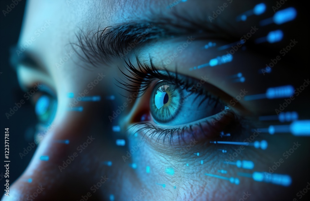 Poster Closeup human eye with futuristic digital data streams. Woman eye displays tech interface. Eye central element of futuristic concept. Biometric identification suggested. Abstract virtual interface