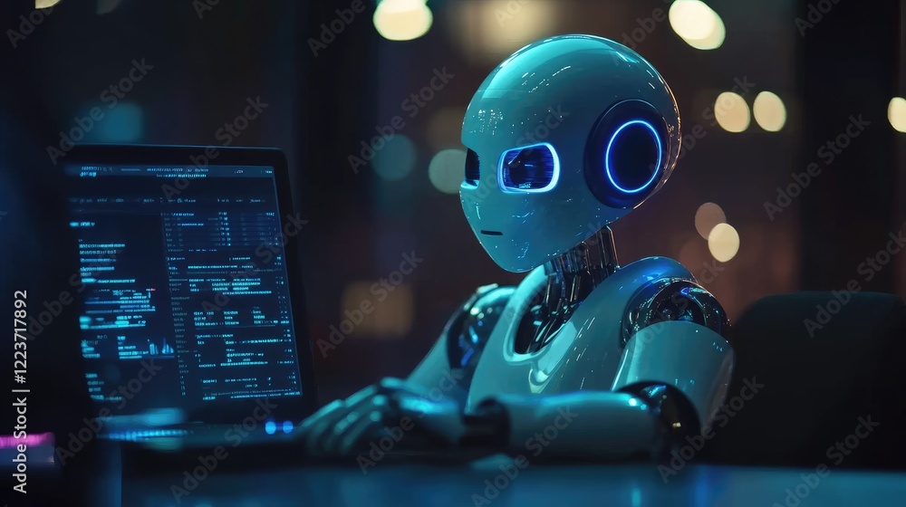 Poster robot coding late at night in office