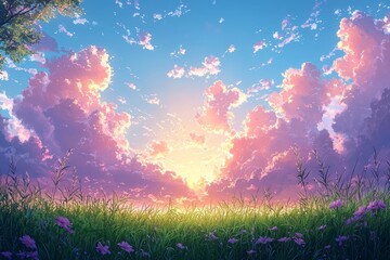 Obraz premium Green grass field and colorful sky clouds at sunset